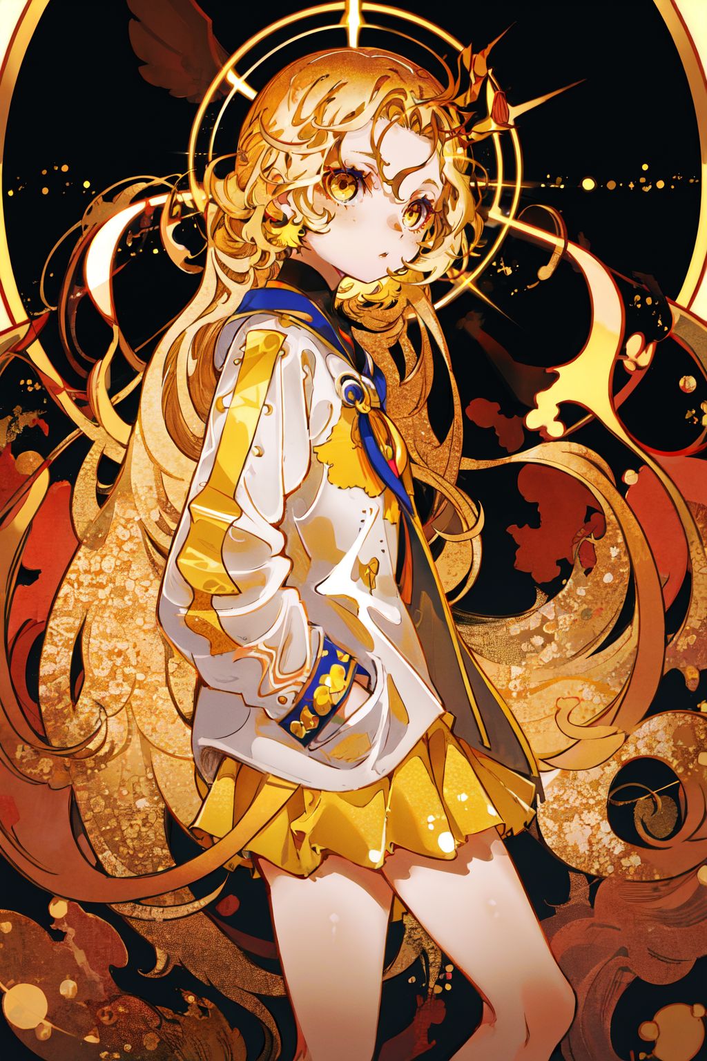 51719-1227456702-Girl, front face, golden long hair, white short skirt, hand in pocket, golden light, Holy Spirit, tiny golden dots, golden eyes,.jpg